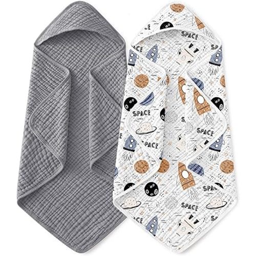Yoofoss Hooded Baby Towels for Newborn 2 Pack 100% Muslin Organic Cotton Baby Bath Towel with Hood for Babies, Infant, Toddler and Kids, 32x32Inch, Soft and Absorbent Newborn Essential, Grey Planet