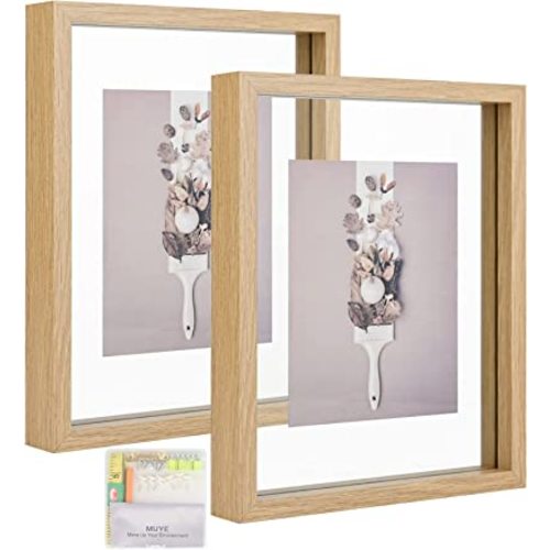 MUYE 8x10 Floating Frame Set of 2,Double Glass Rustic Photo Frame for Wall Hanging or Tabletop Standing,Display Any Size Photo up to 8x10,Natural
