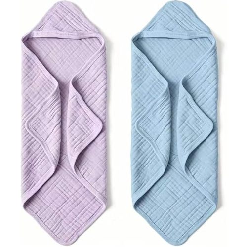Muslin Hooded Baby Bath Towels - 2 Pack 100% Cotton Towel for Babies, Infants, Toddlers - 32x32Inch - Highly Absorbent and Newborn Essential (Purple Blue)