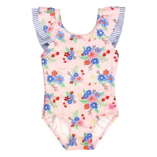 RuffleButts Baby Girls Ruffle V-Back One Piece - Coastal Breeze Floral, Size: 6-12m