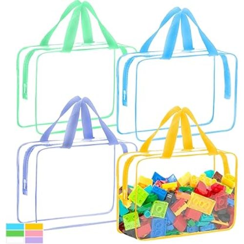 4 Packs Extra Large Toy Storage Bags with Zipper, Reusable Clear Plastic Toy Organizer Bag with Labels for Blocks, 11.8″×8.6″×3.9″ Travel Waterproof Organizer Bags for Puzzles, Cosmetics(4 Colors)
