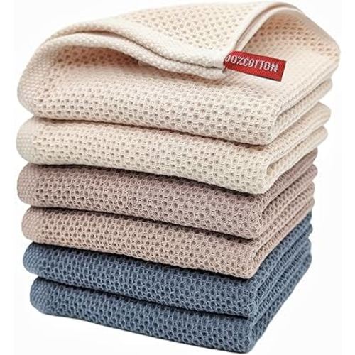 Kitchen Hand Towels 100% Cotton Waffle Weave Dish Towel for Cleaning Drying - Extra Absorbent and Soft - 13 x 28 inch (Beige+Dark Grey+Brown-6 Pack)