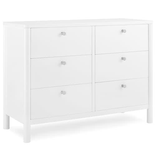 Delta Children Brooks 6 Drawer Dresser with Interlocking Drawers (Includes 3 Sets of Knobs – Choose from Natural, Brushed Nickel & Melted Bronze), Bianca White