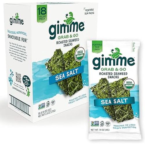 Gimme Seaweed Organic Roasted Seaweed Sheets Sea Salt Keto Vegan Gluten Free Great Source of Iodine and Omega 3’s Healthy OnTheGo Snack for Kids Adults, 18 Count Trayless