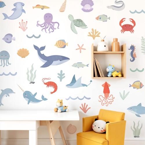 Watercolor Ocean Animal Wall Decals, Under the Sea Life Wall Stickers, Sea Animal Nursery Decor, Nursery Wall Art, Sea Nursery Decor