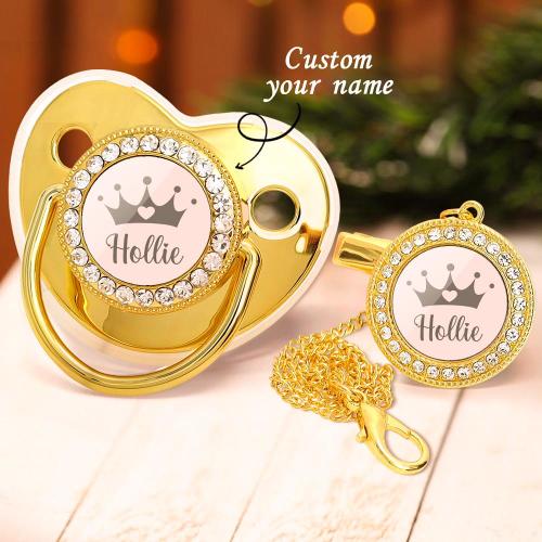 Custom Name Baby Pacifier And Clip Set With Crown, Personalized Newborn Gift, Gold Pacifier With Name, Baby Shower Gift For Girls And Boys.
