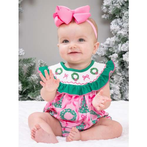 Wreath & Trees Holiday Smocked Bubble