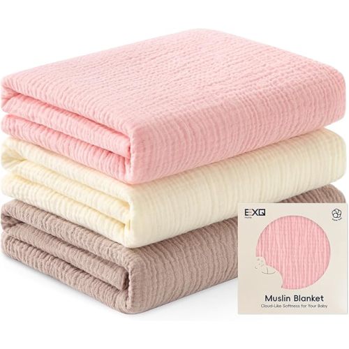 Muslin Swaddle Blankets for Baby, 3 Pack Cotton Breathable Soft Receiving Blankets for Newborn Boys and Girls, Baby Essentials & Gift, 38x40 inches(Pink)