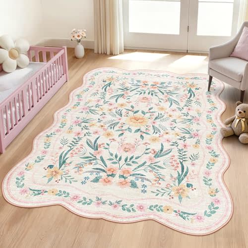 Pink Floral Rug 5X7 for Girls Bedroom or Nursery, Scalloped Washable Non-Slip Area Rug, Cute Soft Boho Carpet for Kids Room, Dorm, or Playroom