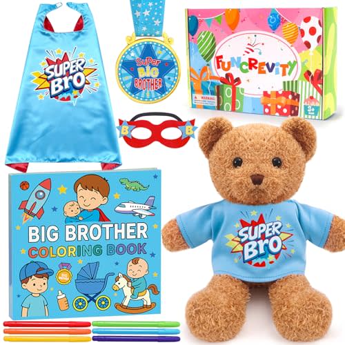 HAPGFS Big Brother Gift Set for Boys - Plush Bear with Big Brother Outfit, Coloring Book, Medal, and Superhero Cape for Boys Age 3-8 from New Baby, Promoted to Bigbro