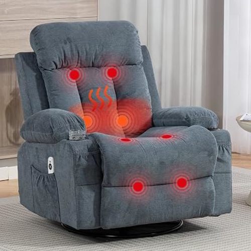 360° Swivel Rocking Chair, Rocker Recliner Chair with Vibration Massage and Heat, Ergonomic Lounge Chairs with Rocking Function and Side Pocket, Cup Holders, Blue