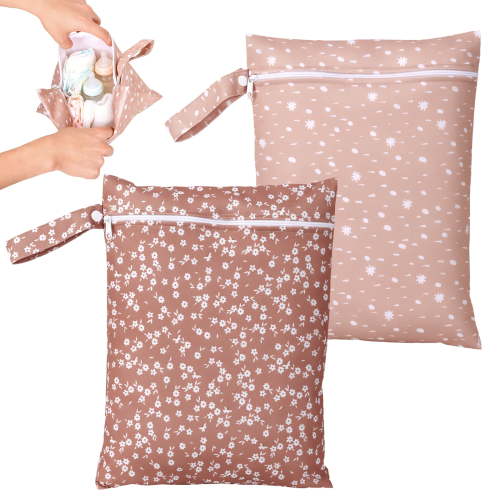 Wet Bag 2Pcs Waterproof Wet Dry Bag Reusable Washable Cloth Diaper Swim Nappy 26x36cm for Baby Item Swimming Beach Gym Pool Travel, Brown