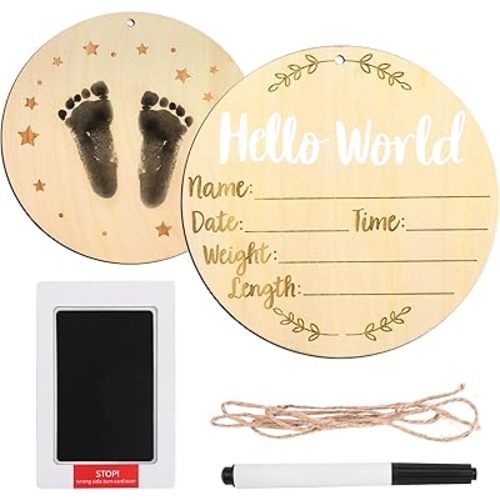 LUTER Hello World Newborn Sign, 6in Round Wooden Baby Name Plaque Photo Props Newborn Birth Welcome Announcement Signs for Hospital Nursery Babies Shower (White)