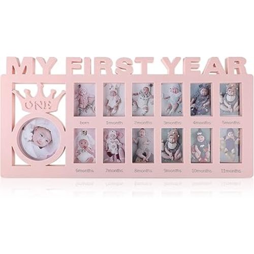 Unittype My First Year Baby Picture Frame Newborn Baby's First Twelve Months Photo Collage,12 Month Milestone Keepsake Frame for Photo Memories Baby 1st Birthday Mothers Day Gift(Pink)