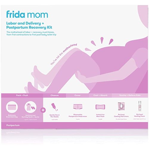 Frida Mom Hospital Packing Kit for Labor, Delivery, & Postpartum | Nursing Gown, Socks, Peri Bottle, Disposable Underwear, Ice Maxi Pads, Pad Liners, Perineal Foam, Toiletry Bag (15 Piece Gift Set)