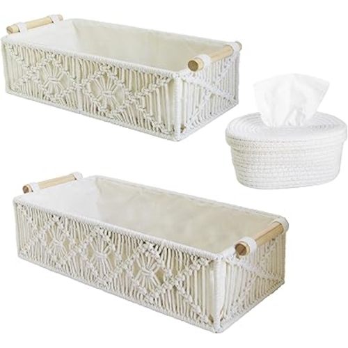 Macrame Storage Basket & Tissue Box - Woven Decorative Organizer for Home (Bedroom, Nursery, Living Room & Bathroom)