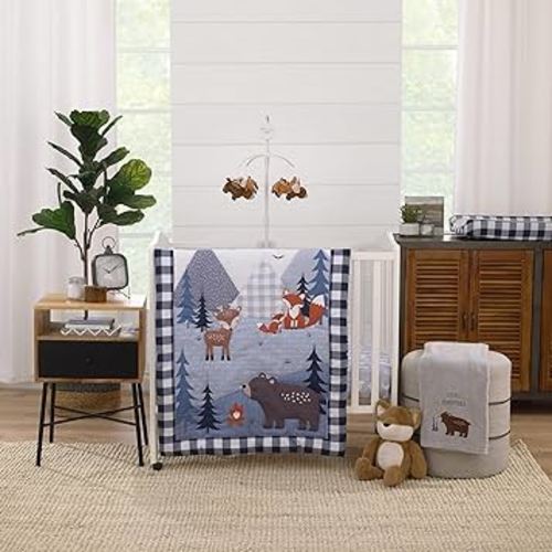 Little Love by NoJo National Park Navy Buffalo Check, Gray, Blue, and Brown Camping Bear, Deer, and Fox 3 Piece Mini Crib Bedding Set - Comforter, and Two Fitted Mini Crib Sheets