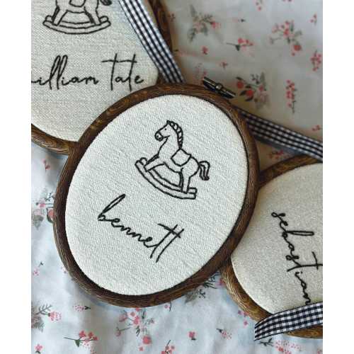 Custom Name Embroidery Hoop, Rocking Horse Nursery Decor, Nursey Wall Decor, Custom Baby Name Announcement, Vintage Baby Decor