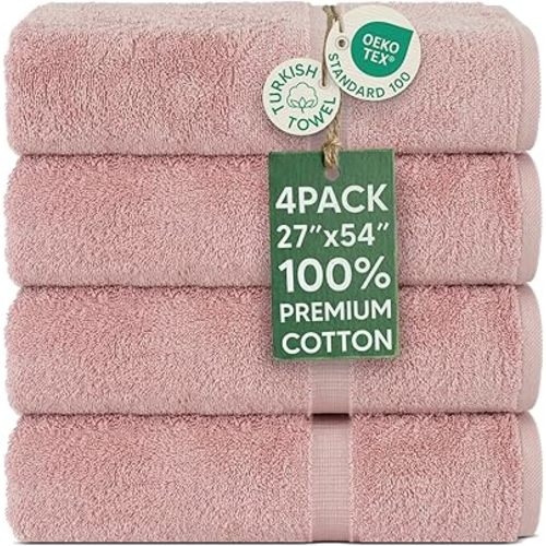 Chakir Turkish Linens 4 Piece Bath Towel Set, 100% Cotton Luxury Turkish Towels for Bathroom, Soft Absorbent Bath Towels, 27 x 54 Inches, Pink