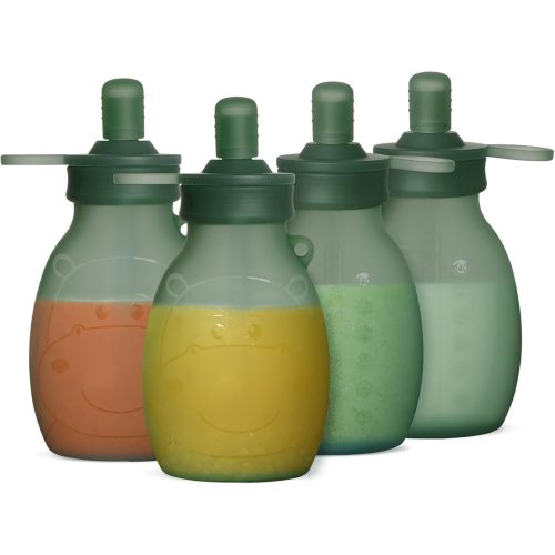 haakaa Silicone Hippo Pouch –9oz/260ml Reusable Pouches for Toddlers, Reusable Baby Food Pouches with Wide Neck for Easy Fill & Clean, Perfect for Purees & Smoothies, 4 Pack, (Pea Green)