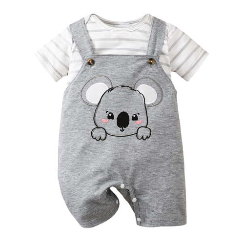 LAPAKIDS Baby Boys Summer Clothes Striped Short Sleeve Romper and Animal Embroidery Overalls Outfits Set 6-9Months