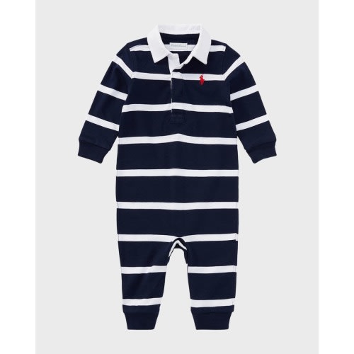 Boy's Jersey Rugby Striped Long-Sleeve Coverall, Sizes 3M-12M