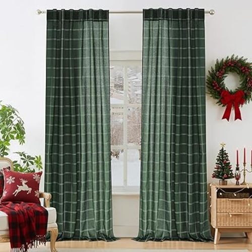 NICETOWN Buffalo Plaid Semi Sheer Curtains 84 Inches Long, Christmas Green Buffalo Check Drapes for Bedroom Living Room, Farmhouse Gingham Window Treatment,Rod Pocket Back Tab, 52" W, 1 Pair