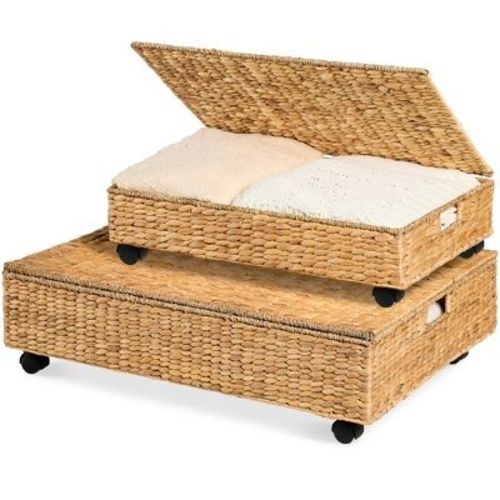 Best Choice Products 2PC Water Hyacinth Nesting Underbed Storage Baskets with Wheels