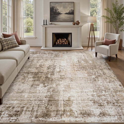 FEELHOME 8'x10' Area Rug Machine Washable Vintage Distressed Abstract Rug Non Slip Soft Carpet for Living Room Bedroom Dining Room Office Brown