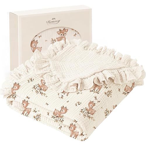 Konssy 100% Cotton Muslin Baby Blanket with Ruffle Trim for Girls, 43"x39"