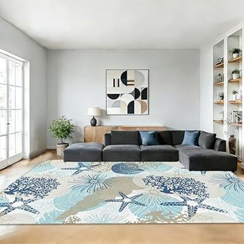 Coastal Starfish Area Rugs for Living Room 5x7,Beach Coral Seashell Bedroom Rug Washable Non-Slip Soft Floor Big Carpets for Dining Room Nursery,Kids Home Decor Aesthetic