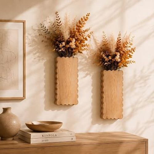 2 Pack Scalloped Wood Wall Planter Fall Hanging Wall Vases