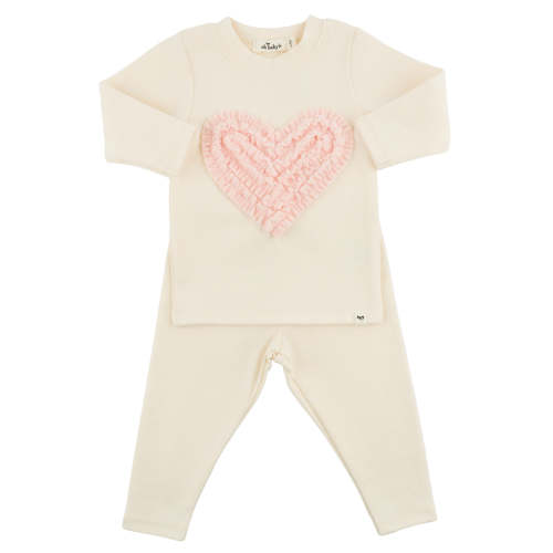 oh baby! Two Piece Set - Pink Terry Ruffle Heart Applique - Milk