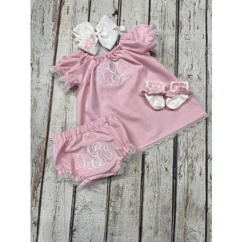 Baby Girls Monogrammed  Peasant Dress with monogrammed Bloomers, Socks and Matching Fabric Headband/Hairbow  4 piece baby girl gift set