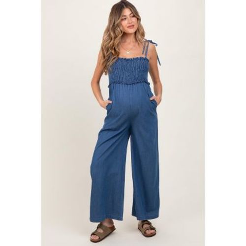 Pinkblush Blue Chambray Shoulder Tie Smocked Maternity Jumpsuit Small