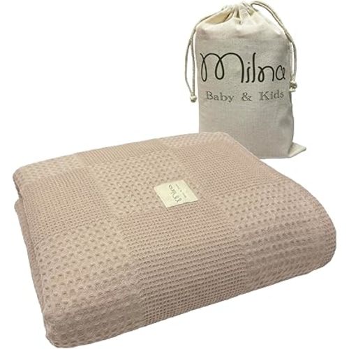 Milna Baby 100% Cotton Waffle Blanket for Boys & Girls, 100x120 cm Breathable Muslin Baby Blanket for Crib, Stroller & Swaddle, Soft Lightweight Toddler Receiving Blanket, (Beige)