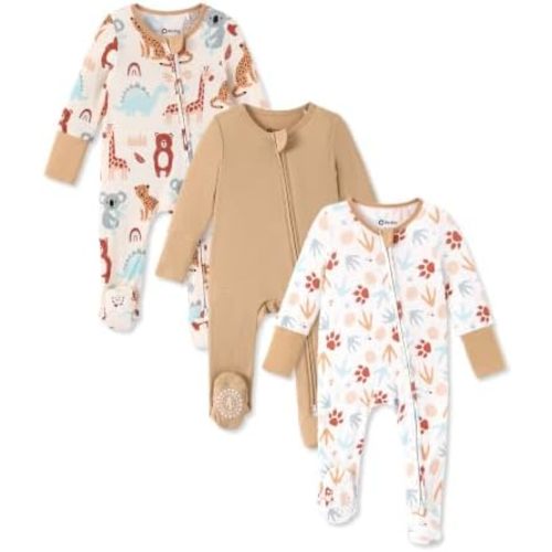 PATPAT 3 Pack Bamboo Viscose Baby Footed Pajamas with Anti-Grips, NB-2T