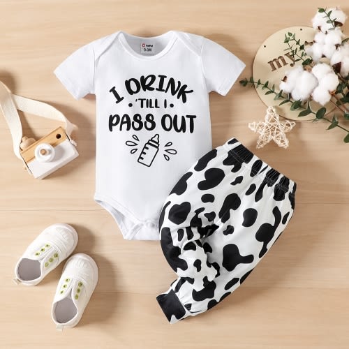 PatPat 2pcs Baby Girl/Boy 95% Cotton Letter Print Short-sleeve Bodysuit and Cow Print Pants Set
