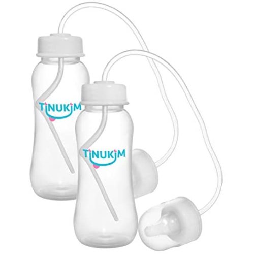 Tinukim iFeed 9 Ounce Self Feeding Baby Bottle with Tube - Handless Anti-Colic Nursing System, White - 2-Pack