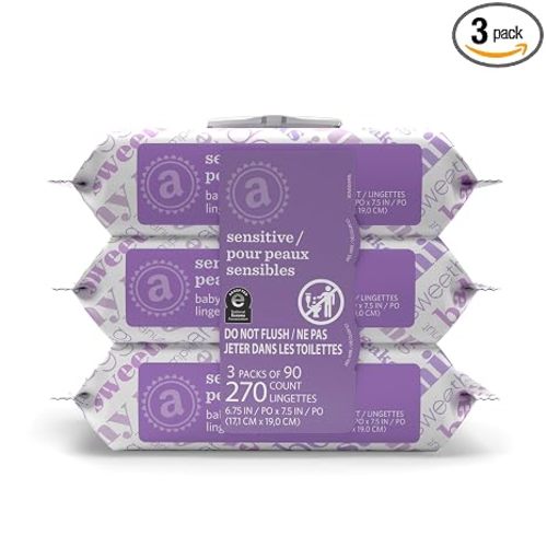 Amazon Elements Baby Wipes, Sensitive, Unscented, Cleans Gently, 270 Count, Flip-Top Packs, Pack of 3