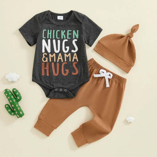 Baby Boys 3Pcs Outfit Chicken Nugs & Mama Hugs Short Sleeve Letter Print Romper Solid Color Long Pants Hat Set