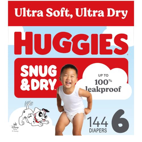 Huggies Snug & Dry Diapers Size 6, 144 Count | Ultra Soft and Ultra Dry, Day & Night Protection, GentleAbsorb Liner, Wetness Indicator, Fragrance Free, No Parabens
