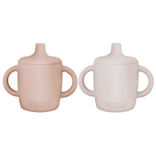 KIDSco. Silicone Sippy Cups (2 Pack) – Soft Spout & Open Training Cups for Babies 6+ Months | Easy Grip Handles, Unbreakable BPA-Free Silicone, Leak-Resistant, Dishwasher Safe (Pink and Sandy Shore)