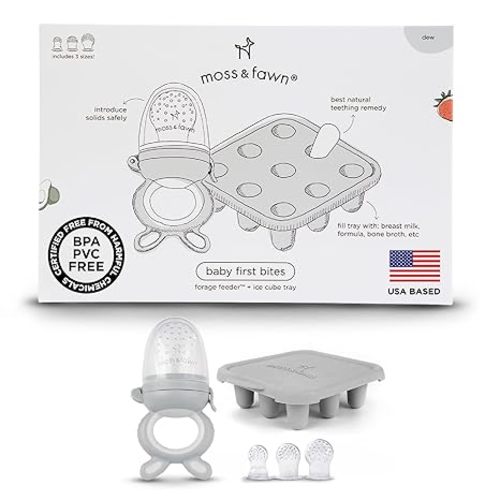 Moss and Fawn Baby's First Bites Bundle - Silicone Frozen Breast Milk Popsicle Kit with Forage Feeder & Teething Popsicle Ice Cube Tray - BPA, PVC, & Lead-Free - Bloom