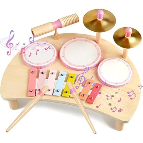 Kids Drum Set Montessori Musical Instruments for Toddlers 1-3, Wooden Baby Drum Kit with Xylophone, Preschool Music Toys for Early Learning, Educational Birthday Gift for Boys Girls 18+ Months
