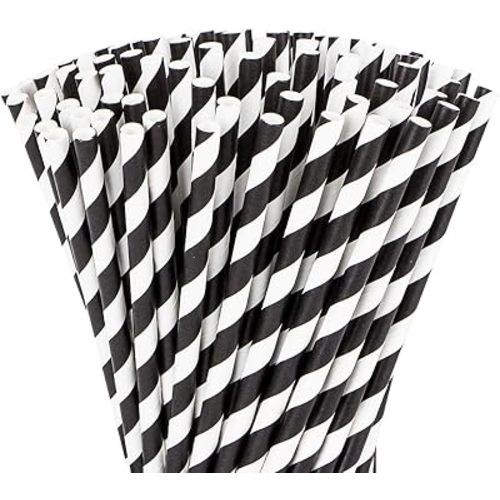 Webake Biodegradable Bulk 144 Halloween Black and White Striped Drinking Straws, Eco Friendly Alternative to Plastic Straws for Party, Cake Pop Sticks