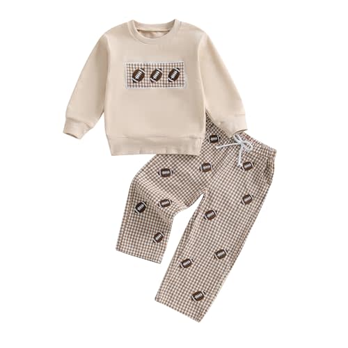 Honganda 2Pcs Kids Toddler Boy Football Outfit Football Embroidery Sweatshirt Top Plaid Pants Fall Game Day Clothes Set