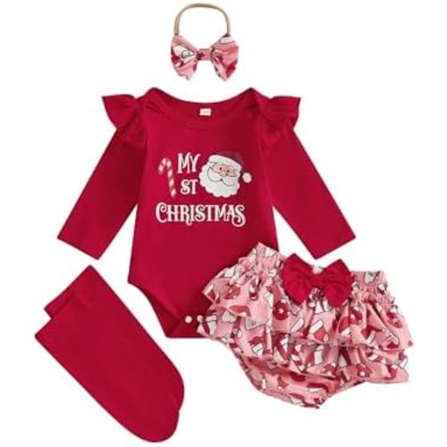 Newborn Baby Girl Christmas Outfit Gingerbread Man Ruffled Long Sleeve Romper Bow Bloomers Sets Fall Clothes