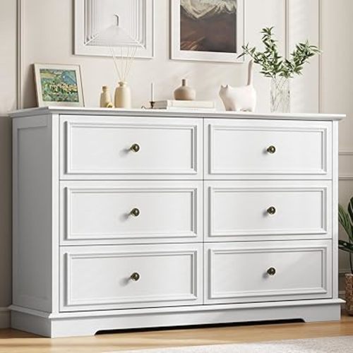 White Dresser, 6 Drawer Dressers for Bedroom, Wide Chest of Drawers with Deep Drawers, Closet Dressers with Metal Handle, Wood Dresser for Living Room, Hallway, Closet