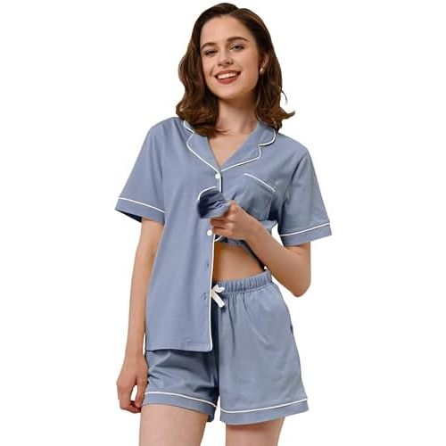 NAP BOUND 100% Cotton Pajamas for Women Sets 2 Pieces Pjs Button short sleeves with Pockets Soft Sleepwear Loungewear XS-XXL